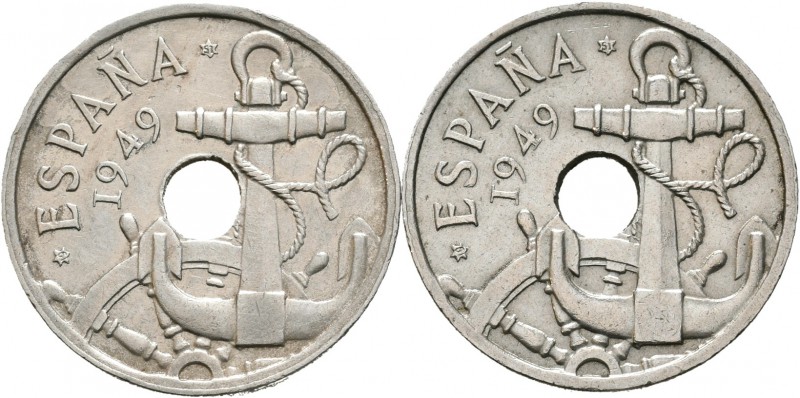 España. Lote de 2 piezas de 50 céntimos de 1949 con las flechas invertidas. A EX...