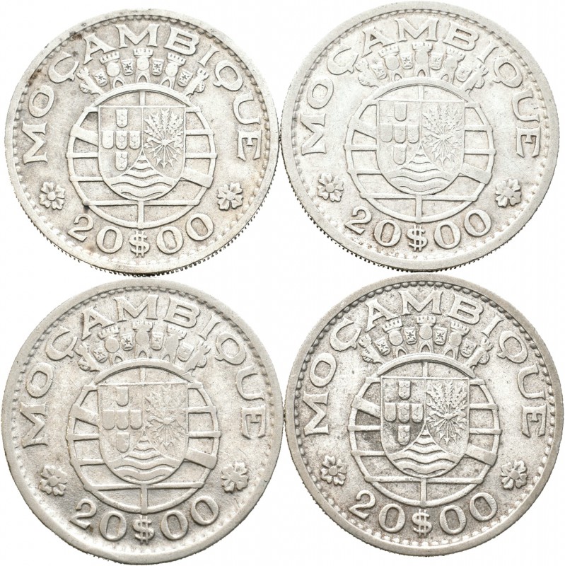 Mozambique. Lote de 4 piezas de 20 escudos, 1952, 1955, 1960 y 1966. A EXAMINAR....