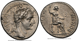 Tiberius (AD 14-37). AR denarius (17mm, 3.83 gm, 8h). NGC XF 4/5 - 3/5, brushed. Lugdunum, ca. AD 18-35. TI CAESAR DIVI-AVG F AVGVSTVS, laureate head ...