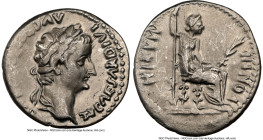 Tiberius (AD 14-37). AR denarius (18mm, 3.81 gm, 9h). NGC VF 3/5 - 2/5, brushed. Lugdunum, ca. AD 18-35. TI CAESAR DIVI-AVG F AVGVSTVS, laureate head ...