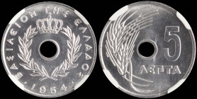 GREECE: 5 Lepta (1954) in aluminum. Royal crown and inscription "ΒΑΣΙΛΕΙΟΝ ΤΗΣ ΕΛΛΑΔΟΣ" on obverse. Inside slab by NGC "MS 67". Cert number: 5782623-0...