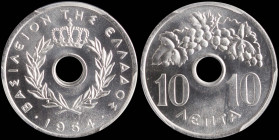 GREECE: 10 Lepta (1954) in aluminum. Royal crown and inscription "ΒΑΣΙΛΕΙΟΝ ΤΗΣ ΕΛΛΑΔΟΣ" on obverse. Inside slab by PCGS "MS 67". Cert number: 4612236...