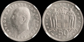 GREECE: 50 Lepta (1954) in copper-nickel. Head of King Paul facing left and inscription "ΠΑΥΛΟΣ ΒΑΣΙΛΕΥΣ ΤΩΝ ΕΛΛΗΝΩΝ" on obverse. Inside slab by NGC "...