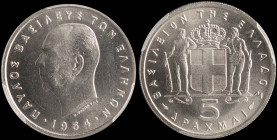 GREECE: 5 Drachmas (1954) in copper-nickel. Head of King Paul facing left and inscription "ΠΑΥΛΟΣ ΒΑΣΙΛΕΥΣ ΤΩΝ ΕΛΛΗΝΩΝ" on obverse. Inside slab by PCG...