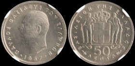 GREECE: 50 Lepta (1957) in copper-nickel. Head of King Paul facing left and inscription "ΠΑΥΛΟΣ ΒΑΣΙΛΕΥΣ ΤΩΝ ΕΛΛΗΝΩΝ" on obverse. Inside slab by NGC "...
