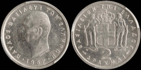 GREECE: 2 Drachmas (1957) in copper-nickel. Head of King Paul facing left and inscription "ΠΑΥΛΟΣ ΒΑΣΙΛΕΥΣ ΤΩΝ ΕΛΛΗΝΩΝ" on obverse. Inside slab by PCG...