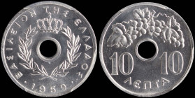 GREECE: 10 Lepta (1959) in aluminum. Royal crown and inscription "ΒΑΣΙΛΕΙΟΝ ΤΗΣ ΕΛΛΑΔΟΣ" on obverse. Inside slab by PCGS "MS 66". Cert number: 4832374...