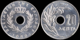GREECE: 20 Lepta (1959) in aluminum. Royal crown and inscription "ΒΑΣΙΛΕΙΟΝ ΤΗΣ ΕΛΛΑΔΟΣ" on obverse. Inside slab by PCGS "MS 66". Cert number: 4832375...
