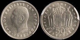 GREECE: 50 Lepta (1959) in copper-nickel. Head of King Paul facing left and inscription "ΠΑΥΛΟΣ ΒΑΣΙΛΕΥΣ ΤΩΝ ΕΛΛΗΝΩΝ" on obverse. Inside slab by PCGS ...