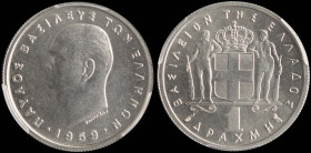 GREECE: 1 Drachma (1959) in copper-nickel. Head of King Paul facing left and inscription "ΠΑΥΛΟΣ ΒΑΣΙΛΕΥΣ ΤΩΝ ΕΛΛΗΝΩΝ" on obverse. Inside slab by PCGS...