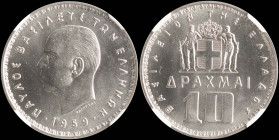 GREECE: 10 Drachmas (1959) in nickel. Head of King Paul facing left and inscription "ΠΑΥΛΟΣ ΒΑΣΙΛΕΥΣ ΤΩΝ ΕΛΛΗΝΩΝ" on obverse. Inside slab by NGC "MS 6...