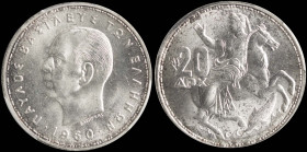 GREECE: 20 Drachmas (1960) in silver (0,835). Head of King Paul facing left and inscription "ΠΑΥΛΟΣ ΒΑΣΙΛΕΥΣ ΤΩΝ ΕΛΛΗΝΩΝ" on obverse. Goddess Moon on ...
