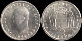 GREECE: 2 Drachmas (1962) in copper-nickel. Head of King Paul facing left and inscription "ΠΑΥΛΟΣ ΒΑΣΙΛΕΥΣ ΤΩΝ ΕΛΛΗΝΩΝ" on obverse. Inside slab by PCG...