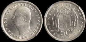 GREECE: 50 Lepta (1964) in copper-nickel. Head of King Paul facing left and inscription "ΠΑΥΛΟΣ ΒΑΣΙΛΕΥΣ ΤΩΝ ΕΛΛΗΝΩΝ" on obverse. Inside slab by PCGS ...