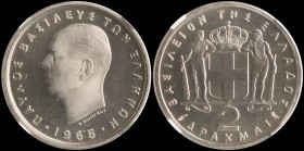GREECE: 2 Drachmas (1965) in copper-nickel. Head of King Paul facing left and inscription "ΠΑΥΛΟΣ ΒΑΣΙΛΕΥΣ ΤΩΝ ΕΛΛΗΝΩΝ" on obverse. Inside slab by NGC...