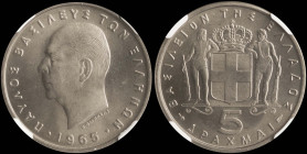 GREECE: 5 Drachmas (1965) in copper-nickel. Head of King Paul facing left and inscription "ΠΑΥΛΟΣ ΒΑΣΙΛΕΥΣ ΤΩΝ ΕΛΛΗΝΩΝ" on obverse. Inside slab by NGC...