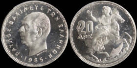 GREECE: 20 Drachmas (1965) in silver (0,835). Head of King Paul facing left and inscription "ΠΑΥΛΟΣ ΒΑΣΙΛΕΥΣ ΤΩΝ ΕΛΛΗΝΩΝ" on obverse. Goddess Moon on ...