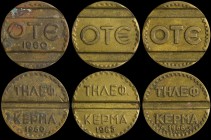 GREECE: Lot of 3 bronze or brass telephone tokens (1960, 1965 & 1966 dated). Inscription "OΤE" on obverse of each one. Inscription "ΤΗΛΕΦ. ΚΕΡΜΑ" on r...