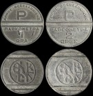 GREECE: Lot of 2 private tokens in white metal. Inscription "ΔΗΜΟΣ ΘΕΣΣΑΛΟΝΙΚΗΣ / ΠΑΡΚΟΜΕΤΡΑ 1 ΩΡΑ" on the obverse of the first one & "ΔΗΜΟΣ ΘΕΣΣΑΛΟΝΙ...