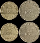 GREECE: Tokens in brass used at the Casino in Loutraki. The values "50 GDR" and "100 GDR" respectively and the legend "CLUB HOTEL CASINO LOUTRAKI" on ...