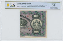 GREECE: Right part of 100 Drachmas (4.1917) (bisected Hellas #56c) of 1922 Emergency Loan. S/N: "ΓΓ29 712053". Signature by Zaimis. Inside holder by P...