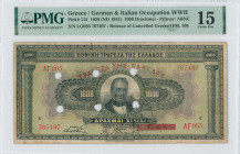 GREECE: 1000 Drachmas (4.11.1926) of 1941 Emergency re-issue. Cancelled banknote with black box-cachet "ΤΡΑΠΕΖΑ ΤΗΣ ΕΛΛΑΔΟΣ ΕΝ ΒΟΛΩ" (Very Common) on ...