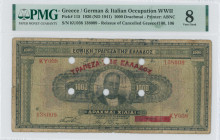 GREECE: 1000 Drachmas (15.10.1926) of 1941 Emergency re-issue. Cancelled banknote with black box-cachet "ΤΡΑΠΕΖΑ ΤΗΣ ΕΛΛΑΔΟΣ ΕΝ ΚΑΛΑΜΑΙΣ 1938" (Very C...