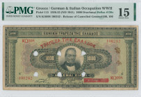 GREECE: 1000 Drachmas (4.11.1926) of 1941 Emergency re-issue. Cancelled banknote with black box-cachet "ΤΡΑΠΕΖΑ ΤΗΣ ΕΛΛΑΔΟΣ ΕΝ ΛΑΡΙΣΗ" (Common) on bac...