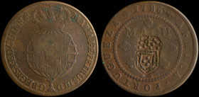 ANGOLA: 1 Macuta (ND 1837) countermark on 1/2 Macuta (1786) in copper. Crowned coat of arms on obverse. Denomination within laurel wreath on reverse. ...