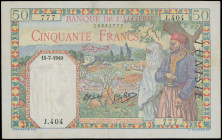 TUNISIA: 50 Francs (15.7.1940) in multicolor. Veiled woman and man with red fez at right on face. S/N: "J.404 777". Black ovpt "TUNISIE" at right on A...