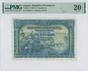 ANGOLA: 10 Angolares (1926) in blue. Two people weaving and spinning at left center, bridge and mountain at right on face. S/N: "P056714". Printed by ...
