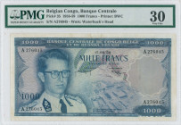 BELGIAN CONGO: 1000 Francs (15.8.1958) in deep blue on multicolor unpt. Portrait of King Baudouin at left and aerial view of Leopoldville at bottom ce...