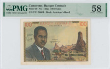 CAMEROUN: 100 Francs (ND 1962) in multicolor. President Ahmadou Ahidjo at left on face. S/N: "T.21 76814". WMK: Antelope head. Printed by (BDF). Insid...