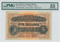 EAST AFRICA: 5 Shillings (1.6.1939) in blue-black on brown unpt. Portrait of King George VI at left on face. S/N: "R/10 52797". WMK: EACB. Printed by ...