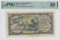 EGYPT: 5 Pounds (19.11.1916) in pink and black. Small sailing ship at left on face. S/N: "W/13 079269". Printed by BWC. Inside holder by PMG "Very Fin...