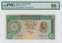 EGYPT: 5 Pounds (1961) in green and brown on multicolor unpt. Circular guilloche at left, Tutankhamen mask at right on face. S/N: "077639 D/7". WMK: F...