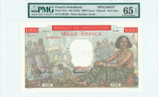 FRENCH SOMALILAND: Specimen of 1000 Francs (ND 1938) in multicolor. Market scene at left and in background and woman sitting at right on face. S/N: "0...