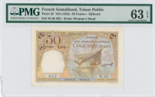 FRENCH SOMALILAND: 50 Francs (ND 1952) in light brown and multicolor. Boat anchored at right on face. S/N: "W.85 052". WMK: Woman head. Inside holder ...