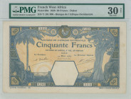 FRENCH WEST AFRICA: 50 Francs (14.3.1929) in blue and yellow. Elephant head and tree at left and right on face. S/N: "Y.191 500". Inside holder by PMG...