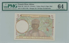 FRENCH WEST AFRICA: 5 Francs (2.3.1943) in multicolor. Man at center on face. S/N: "O.13313 494". Red Signature. Inside holder by PMG "Choice Uncircul...