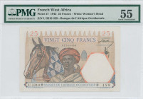FRENCH WEST AFRICA: 25 Francs (22.4.1942) in multicolor. Young man wearing turban with horse at left center on face. S/N: "U.3310 459". WMK: Woman hea...
