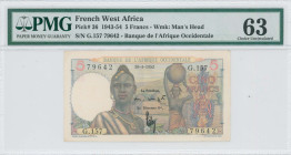 FRENCH WEST AFRICA: 100 Francs (10.4.1943) in multicolor. Two women, one in finery, the other with jug on face. S/N: "G.157 79642". WMK: Man head. Ins...