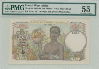 FRENCH WEST AFRICA: 100 Francs (16.4.1948) in multicolor. Women with fruit bowl at center on face. S/N: "J.3561 987". WMK: Man head. Inside holder by ...