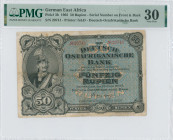 GERMAN EAST AFRICA: 50 Rupien (15.6.1905) in black on blue unpt. Portrait of Kaiser Wilhelm II in cavalry unform at left on face. S/N: "20741" twice o...