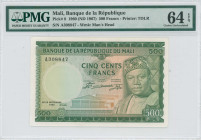 MALI: 500 Francs (ND 1967 / old date 22.9.1960) in green on yellow, blue and red unpt. Modibo Keita at right, building at lower left on face. S/N: "A3...