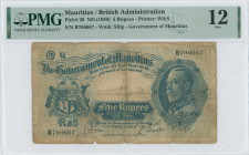MAURITIUS: 5 Rupees (ND 1930) in blue on multicolor unpt. Coat of arms at left and portrait of King George V at right on face. S/N: "B700667". WMK: St...