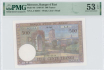 MOROCCO: 500 Francs (18.7.1949) in multicolor. Doorway of house with Moroccan city in background on face. S/N: "L.3 02344". WMK: Lion head. Inside hol...