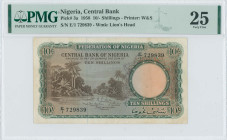 NIGERIA: 10 Shillings (15.9.1958) in green and brown. River scene and palm trees on face. S/N: "E/1 729839". WMK: Lion head. Printed by W&S. Inside ho...
