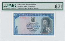 RHODESIA: 10 Shillings (1.6.1966) in blue on multicolor unpt. Black portrait of Queen Elizabeth II at right, coat of arms at upper center on face. S/N...