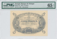 SENEGAL: Remainder of 5 Francs (L 1874) in blue. Medallic head at left and right on face. Similar to French Colonial issues under law of 1901. S/N: "W...